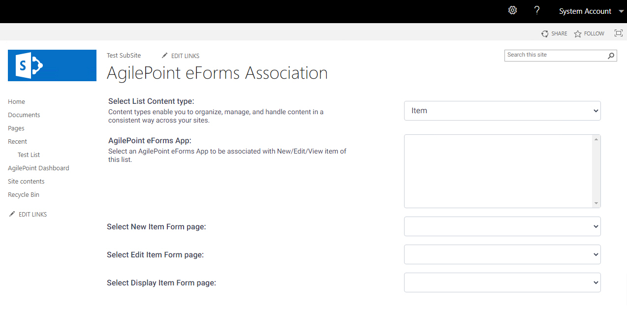 AgilePoint eForm Association screen