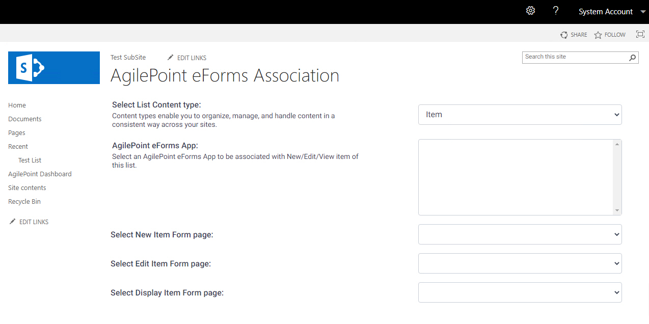 AgilePoint eForms Association screen in SharePoint