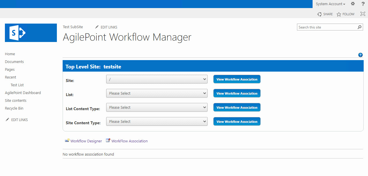 AgilePoint Workflow Manager screen