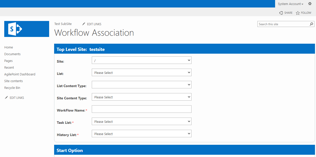 Workflow Association screen