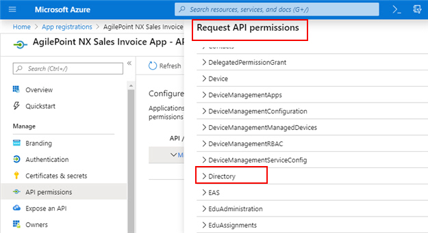 Request API Permissions screen