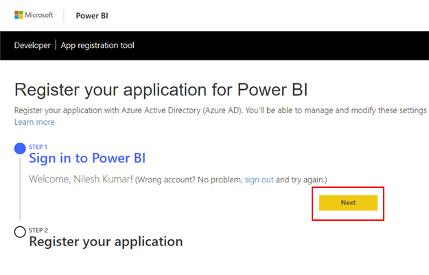 Register your application for Power BI screen
