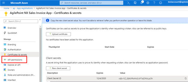 Certificate & Secrets screen