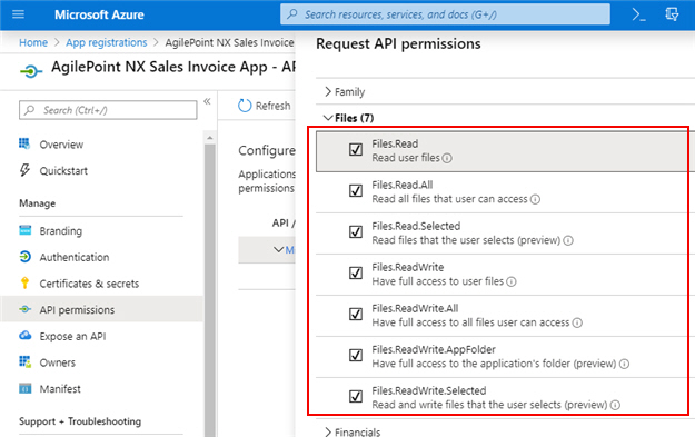 Request API Permissions screen