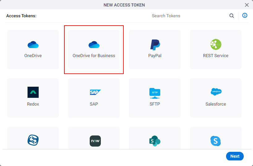 Select OneDrive for Business App Token