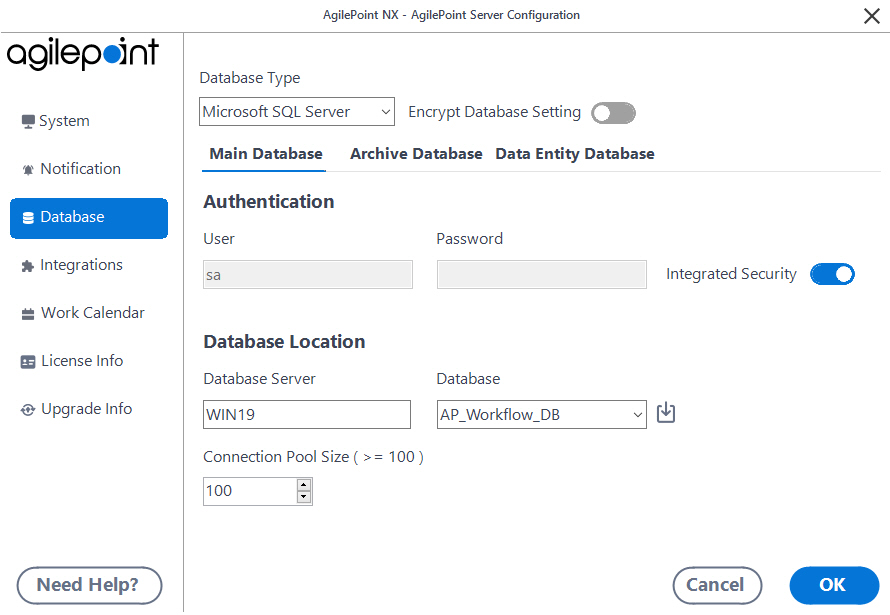 AgilePoint Configuration Database tab