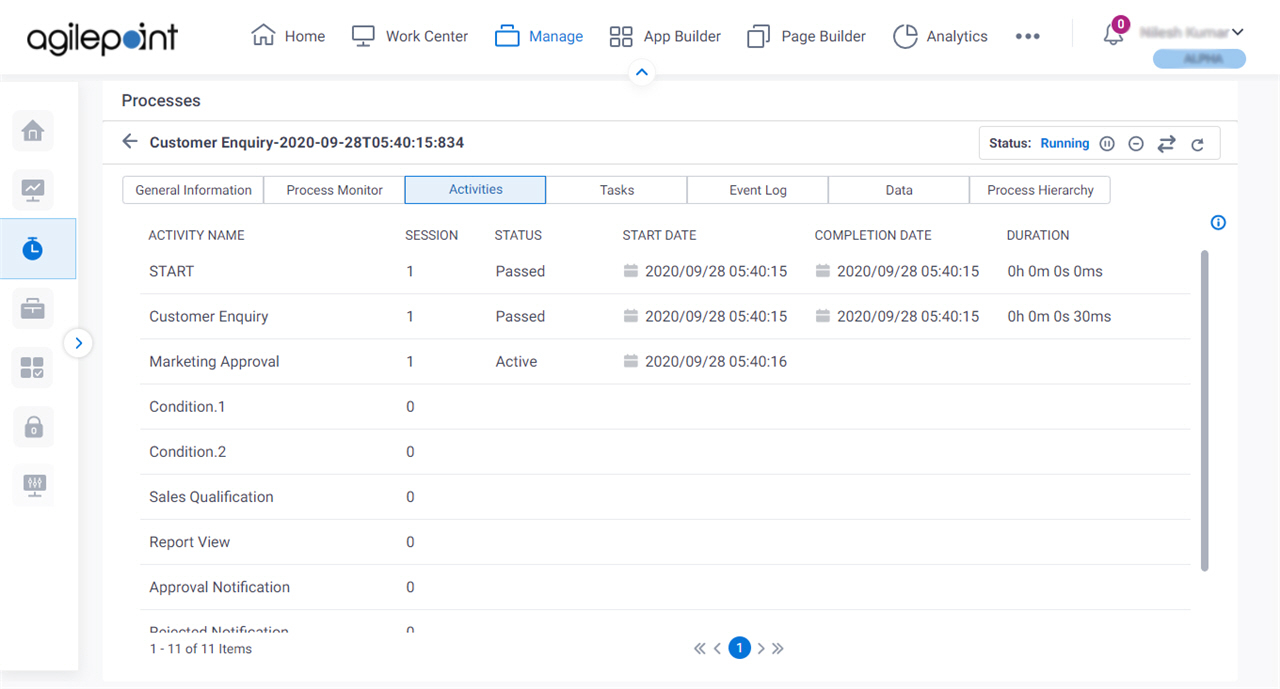 Process Detail Activities tab