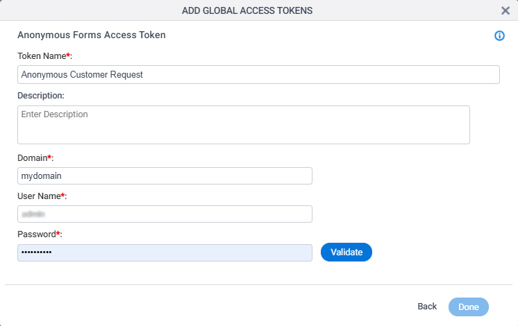 Anonymous Forms Access Token Configuration screen