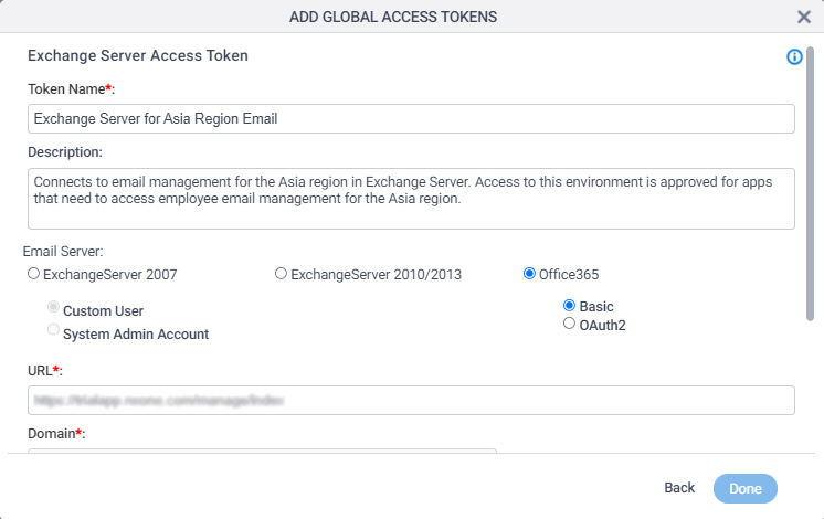 Exchange Server Access Token Configuration screen