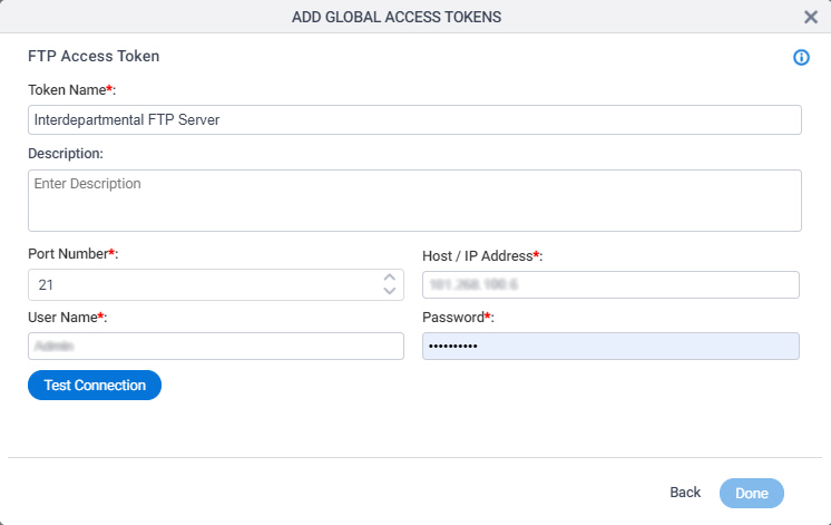 FTP Access Token Configuration screen
