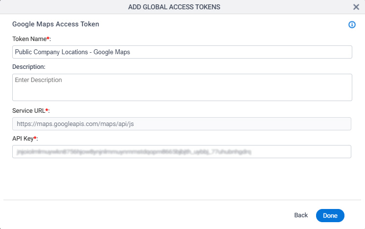 Google Maps Access Token Configuration screen