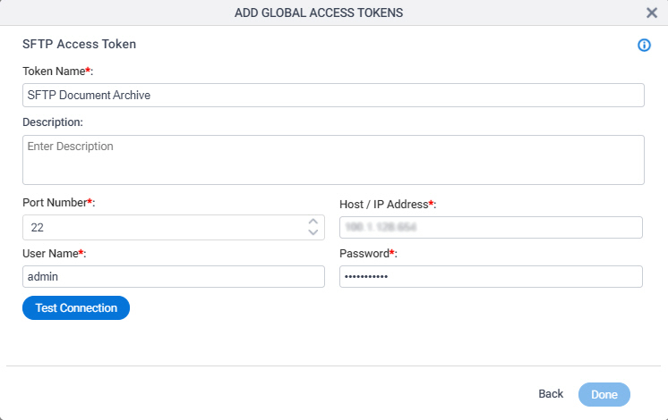 SFTP Access Token Configuration screen