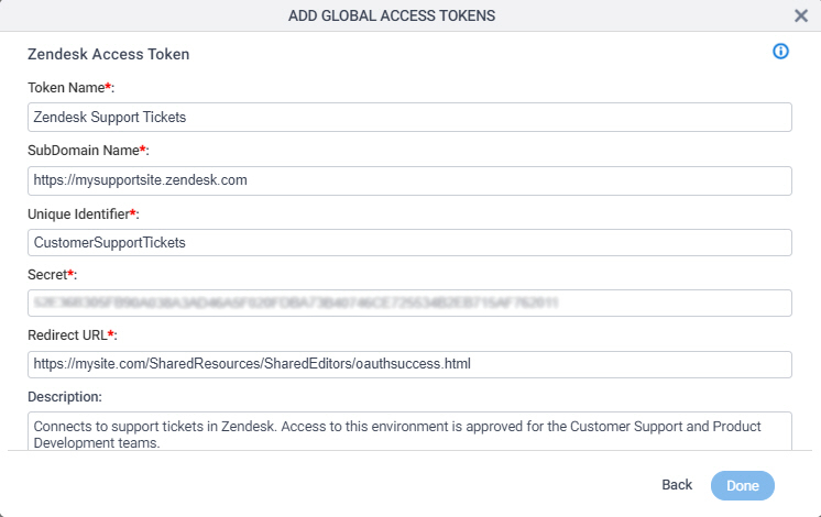 Zendesk Access Token Configuration screen