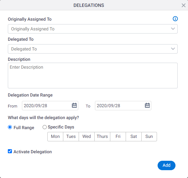 Add Delegations screen