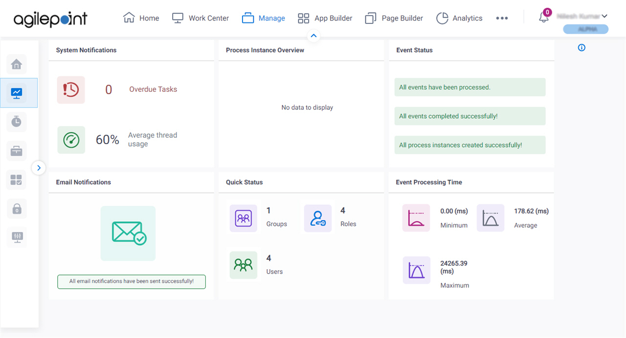 Manage Center Dashboard screen