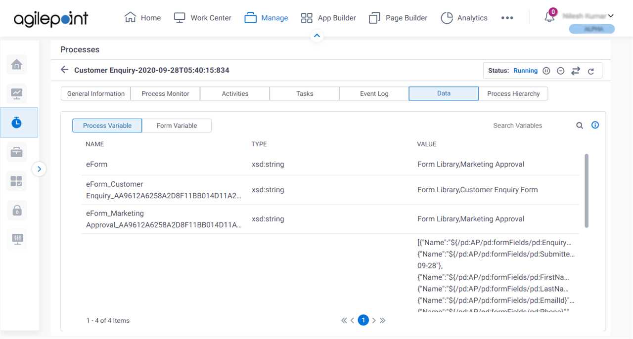 Process Detail Data tab