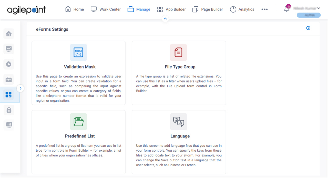 eForms Settings screen