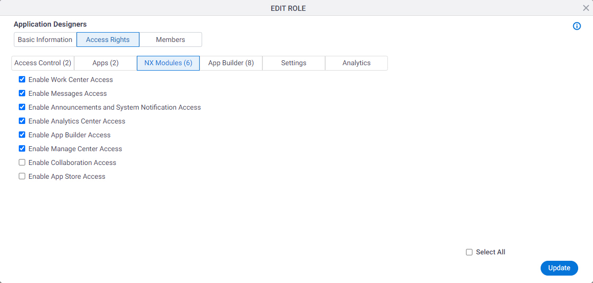 Edit Role Access Rights Module tab