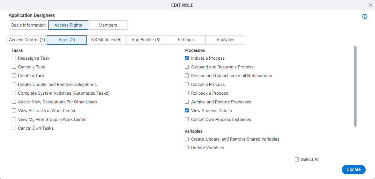 Edit Role Access Rights Process tab