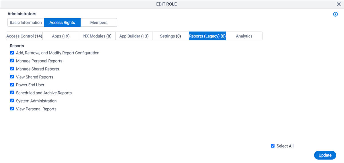 Edit Role Access Rights Reports tab