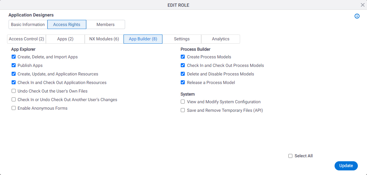 Edit Role Access Rights App Builder tab