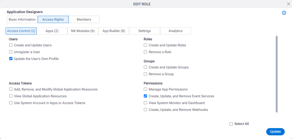 Edit Role Access Rights Access Control tab