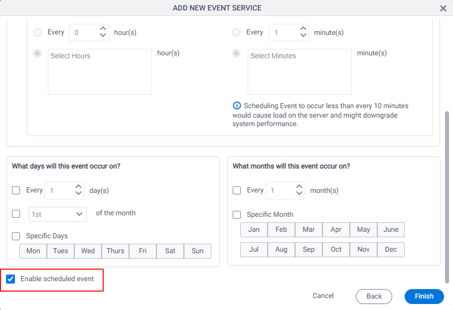 Add New Event Service Enable Scheduled Event screen