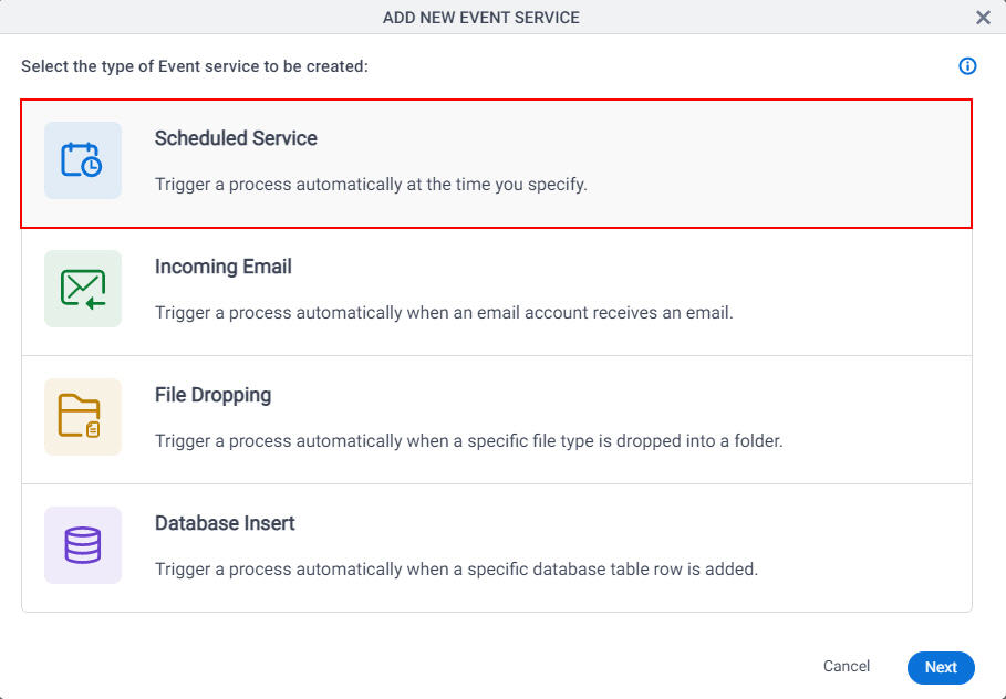 Add New Event Service Select Type of Event Service to Be Created screen
