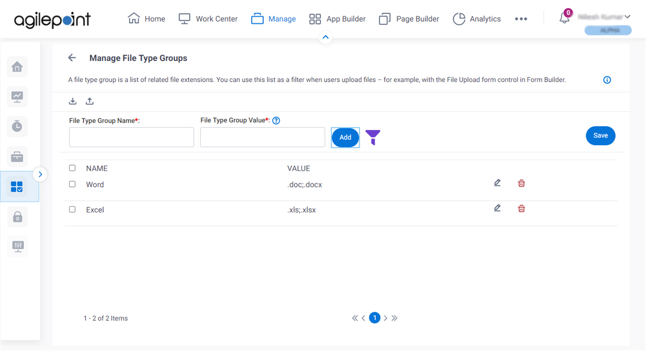 Manage File Type Group screen