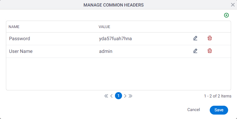 Manage Common Headers screen