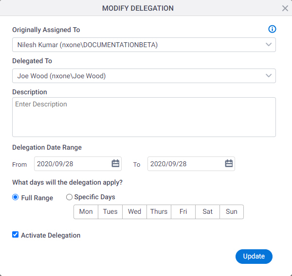 Modify Delegation screen
