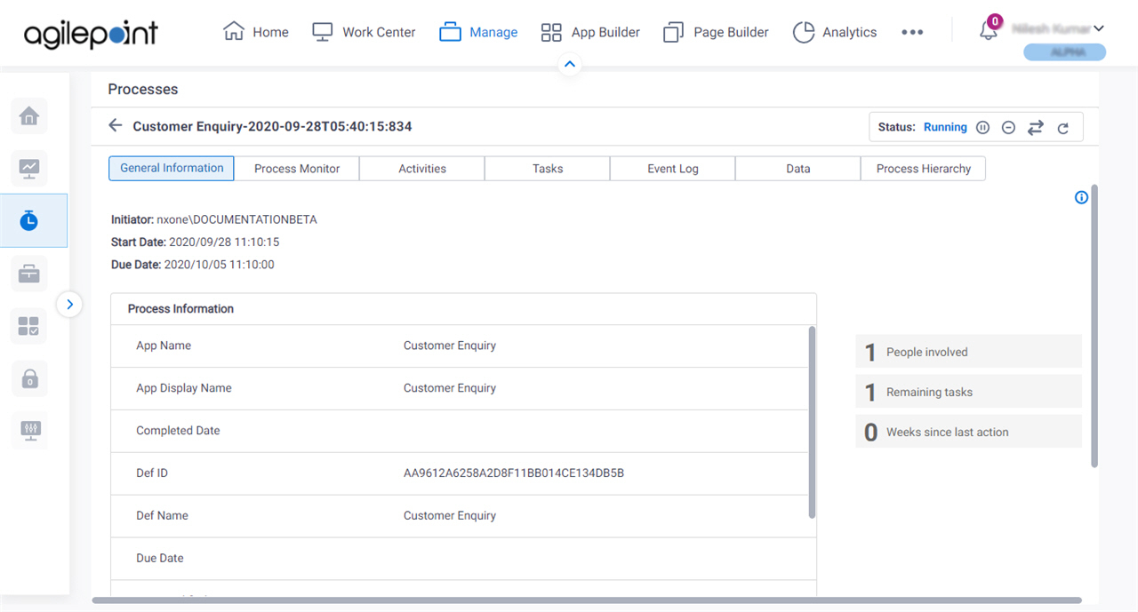 Process Detail General Information tab