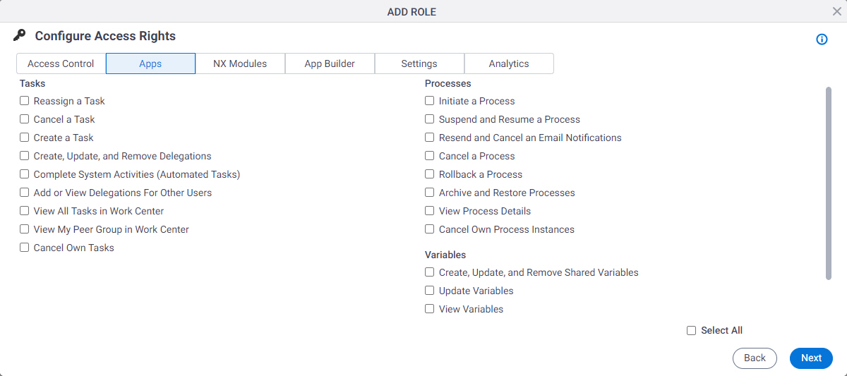 Configure Access Rights Apps tab