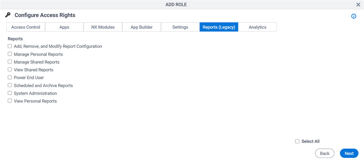 Configure Access Rights Reports tab