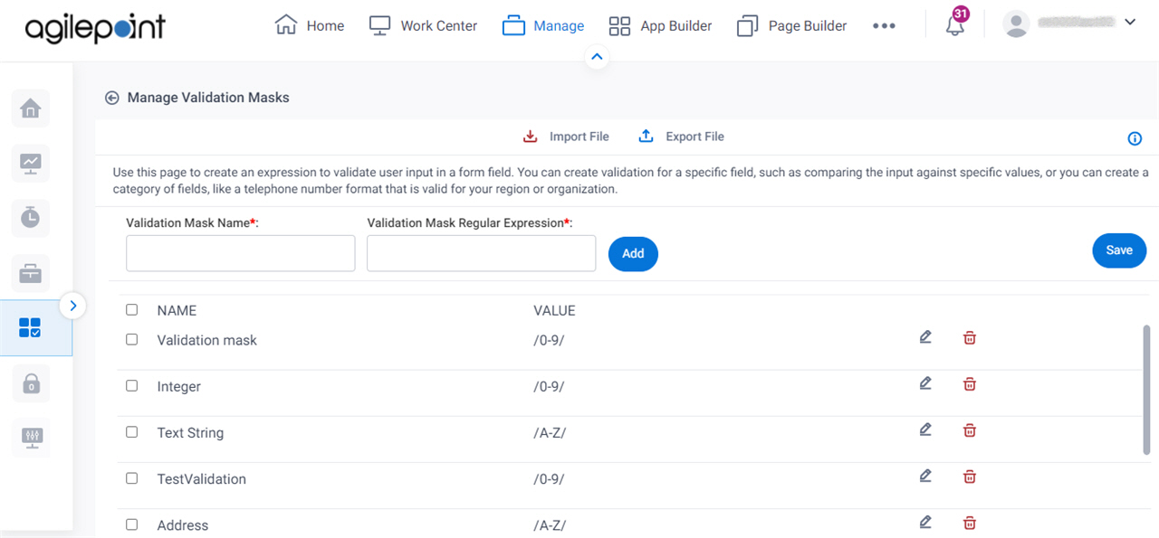 Manage Validation Masks screen