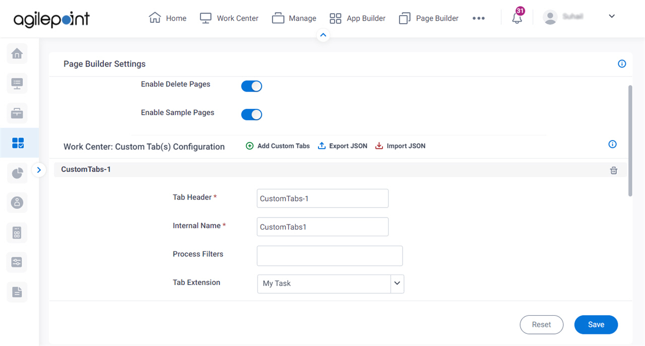 Pages Builder Settings screen