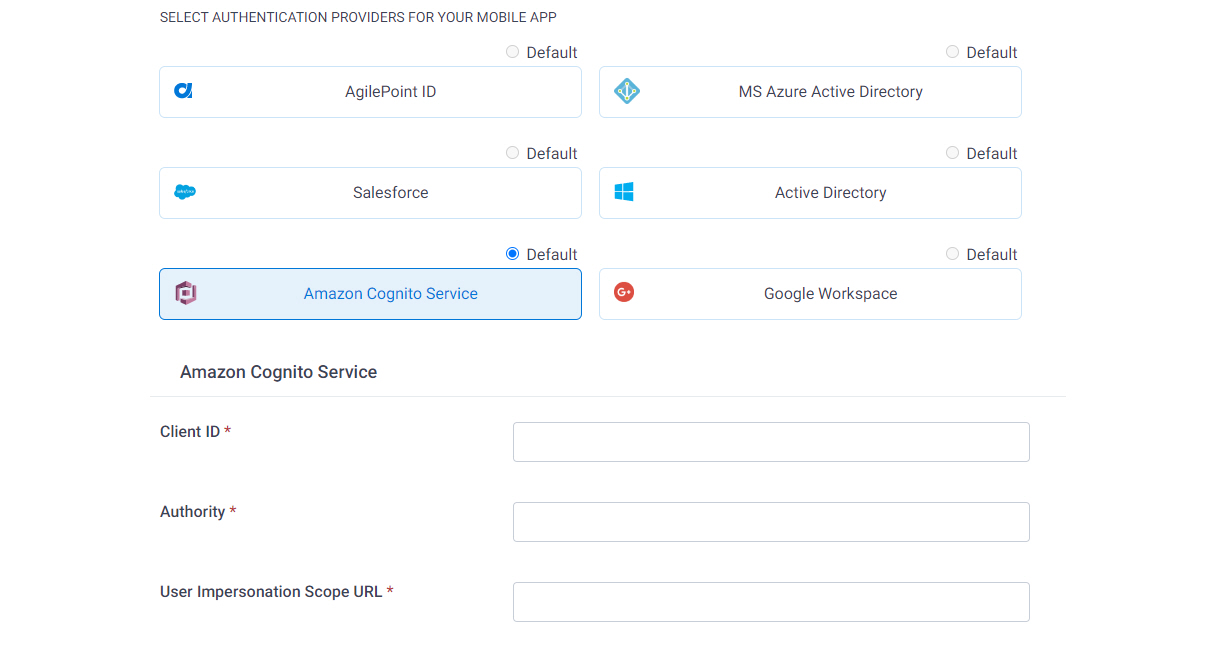 Amazon Cognito Configuration screen