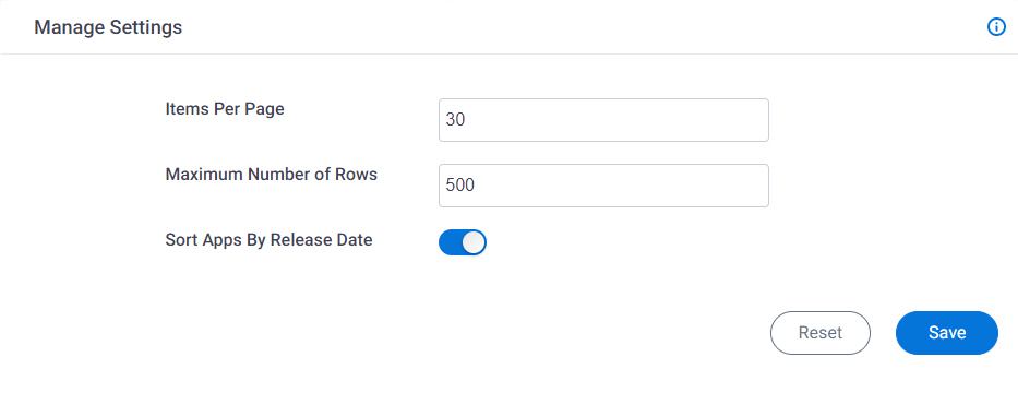 Manage Settings screen