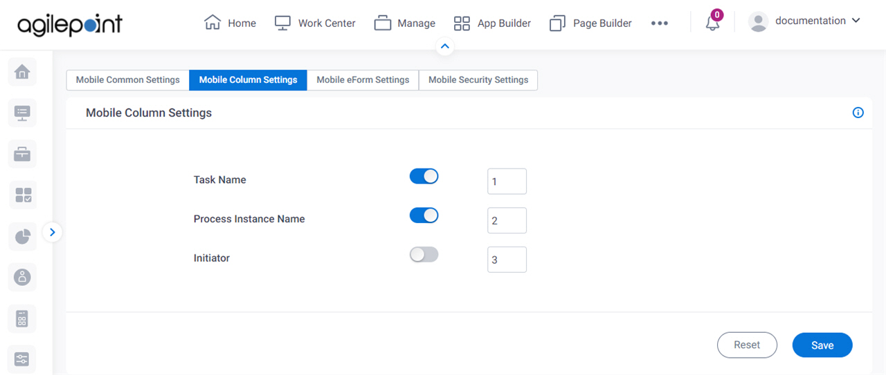 Mobile Column Settings tab