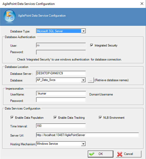 AgilePoint Data Services Configuration screen