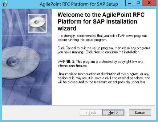 Welcome To The AgilePoint RFC Platform For SAP Installation Wizard screen