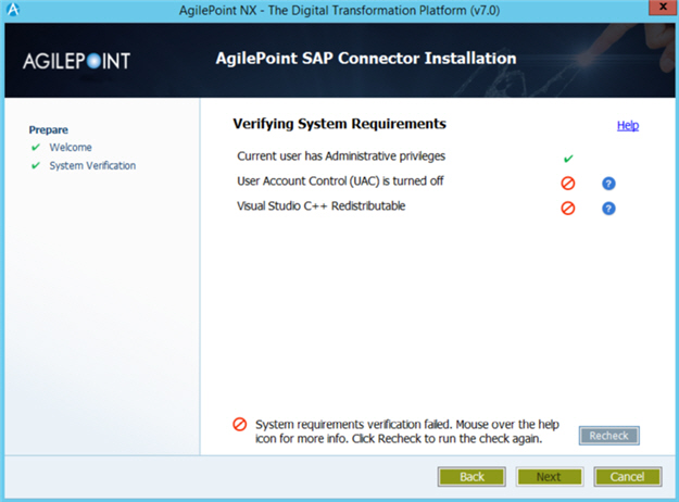 Verifying System Requirements Error screen AgilePoint SAP Connector