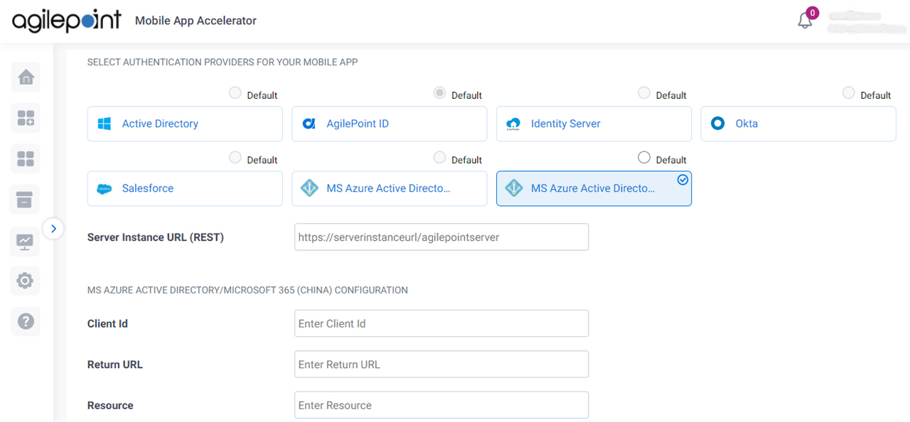 MS Azure Active Directory Microsoft 365 China Configuration screen