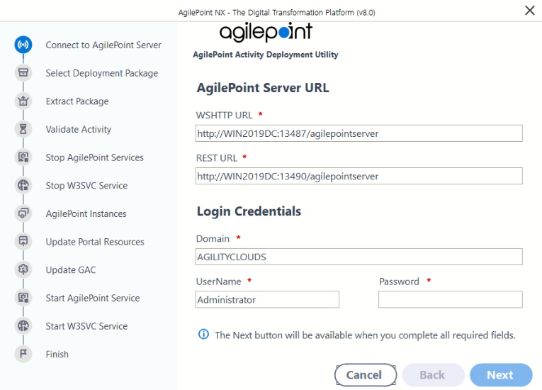 AgilePoint Activity Deployment Utility screen