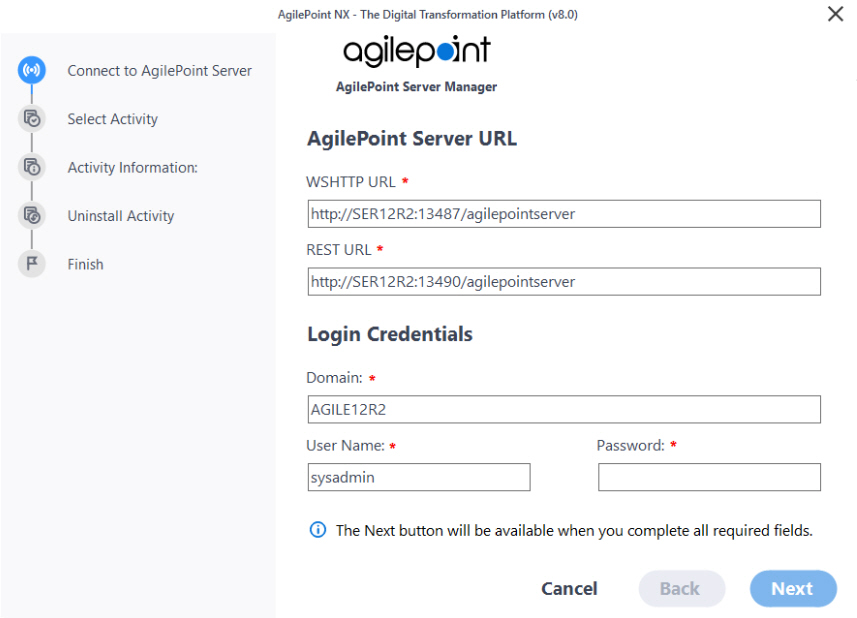 AgilePoint Activity Removal screen