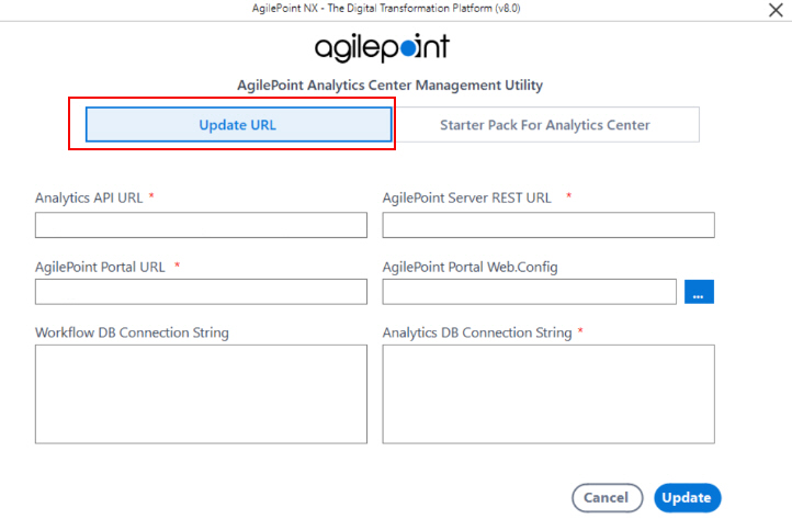 AgilePoint Analytics Center Management Utility screen
