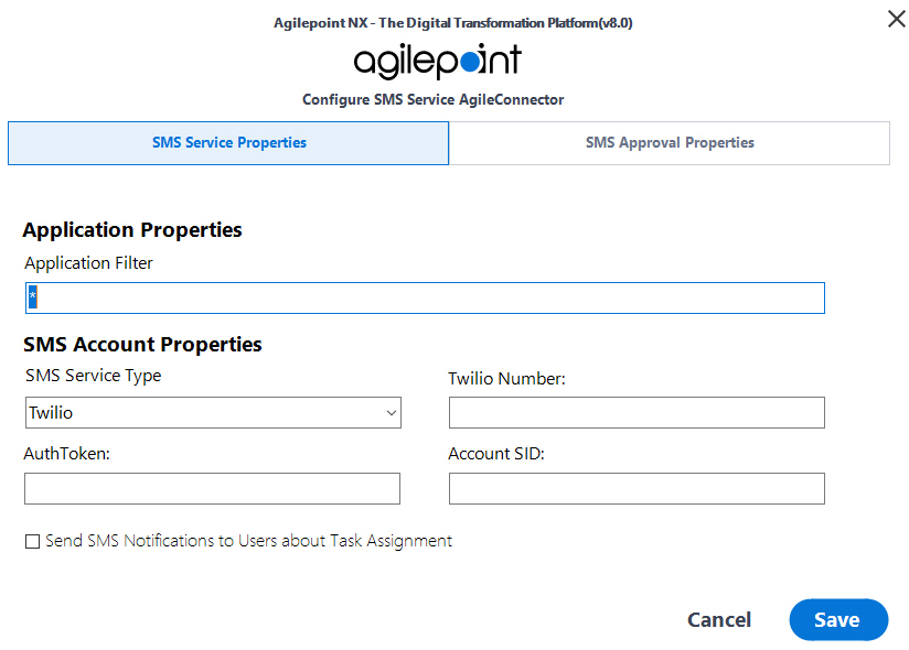 Configure SMS Service AgileConnector Twlio screen