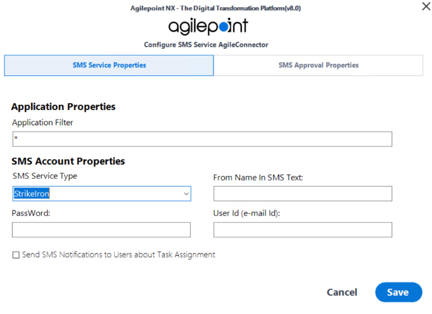 Configure SMS Service AgileConnector StrikeIron screen