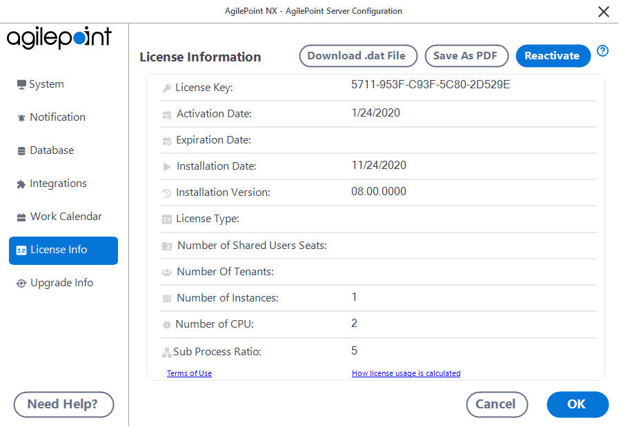 License Info tab