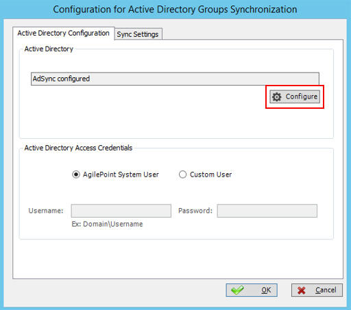 Configuration for Active Directory Groups Synchronization Active Directory Configuration tab